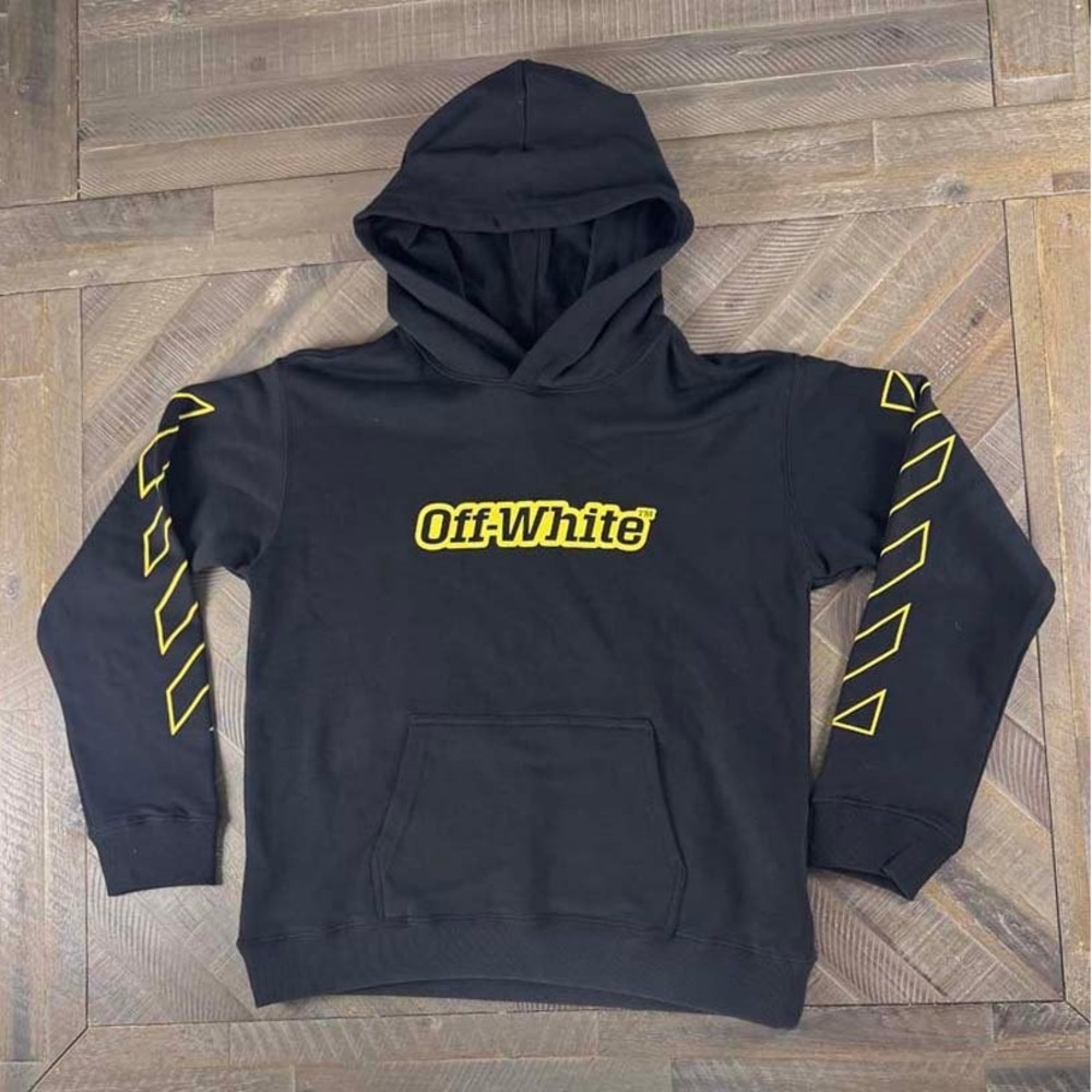 Off-White Kids Black Yellow Logo Diagonal Stripe Hoodie Size 14 NWT